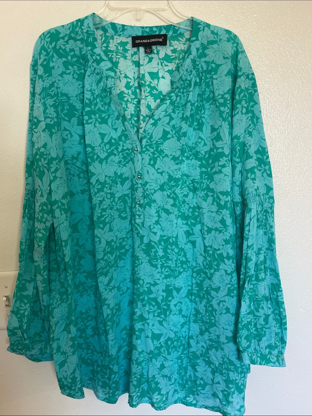 grand & greene teal floral button-front tunic